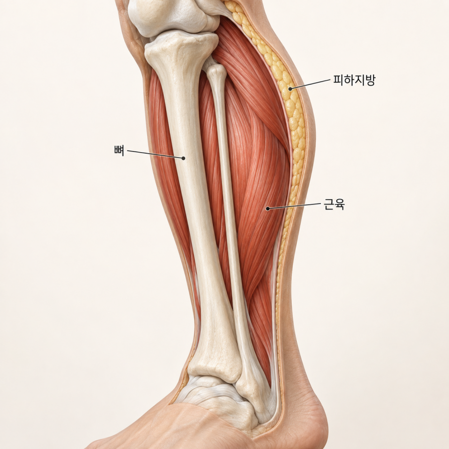 뼈와 근육, 피하지방으로 구성된 종아리 구조 이미지
